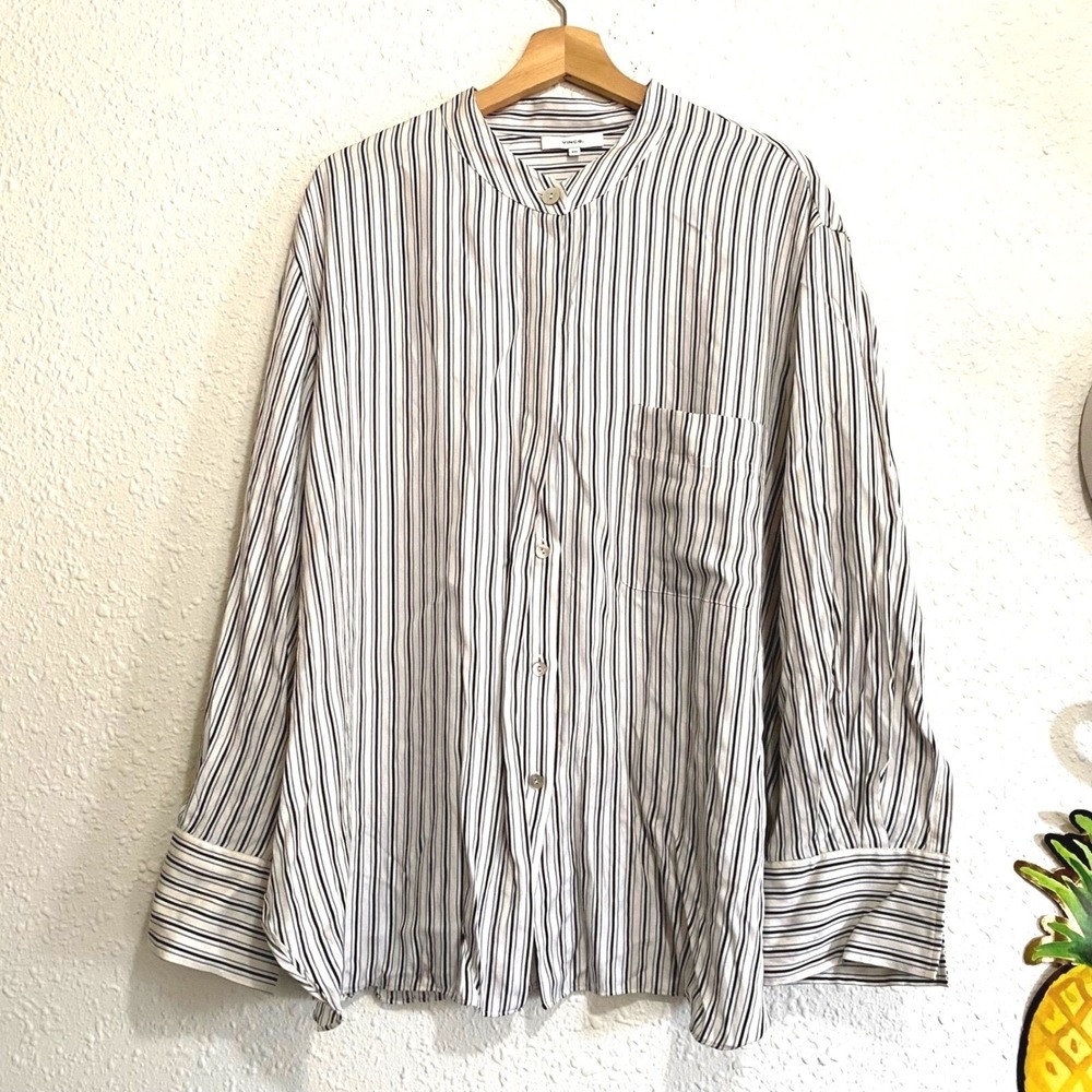 Vince Euro-Summer Striped Band‎ Collar Button Down Shirt XXL Blue Black White